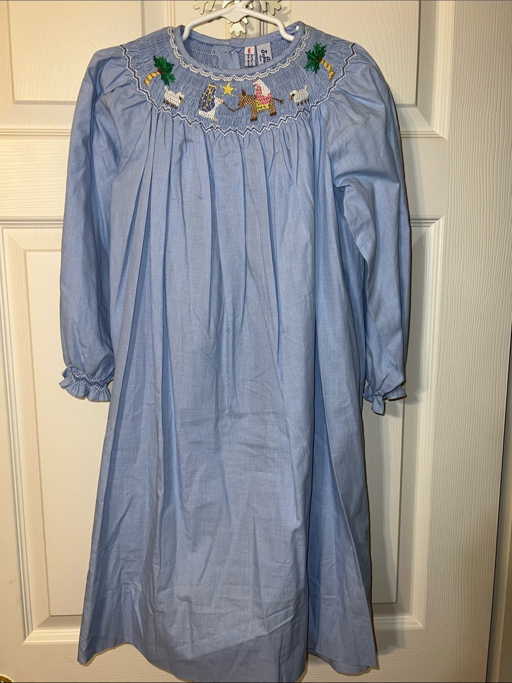 Smocked Light Blue Girls Dress with Mary and Joseph Christmas Scene